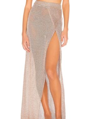 superdown Rose Gold Metallic Sheer Maxi Skirt with High Slit